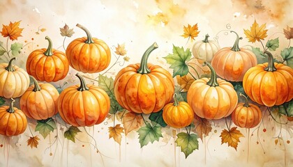 Watercolor painting of autumn pumpkins with leaves evoking harvest festival, thanksgiving celebration, seasonal decoration and cozy atmosphere of fall season