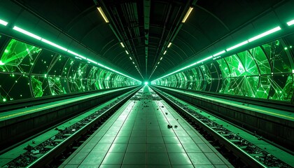 Subway Tunnel with Glowing Green Lights and Perspective View