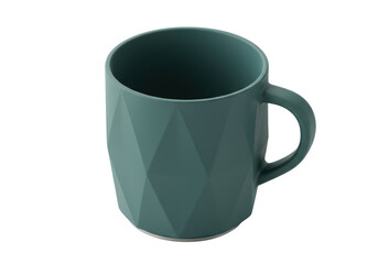 Isolated blue-green mug for hot drinks, angled studio shot, clean presentation, modern shape