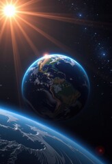 Obraz premium Sun's rays illuminate Earth, a vibrant blue marble suspended in the inky blackness of space, globe, world, image