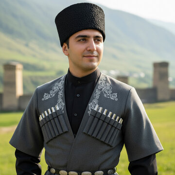 Georgian in a papakha - portrait of a young man in national costume. Generated by AI