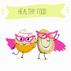 Platonia insignis, bacuri, funny characters, hand drawn vector illustration.