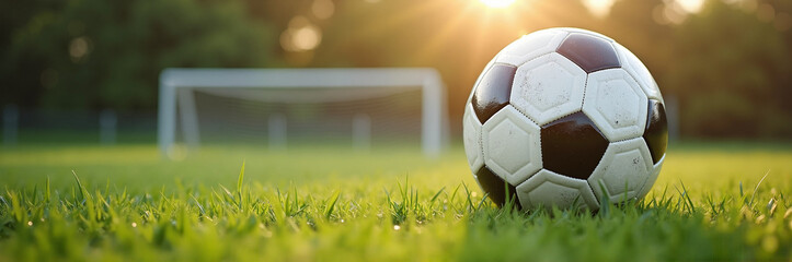 Soccer ball on green grass near goal. Soccer equipment includes classic ball and net. This image is perfect for school sport promotions and back to school campaigns.