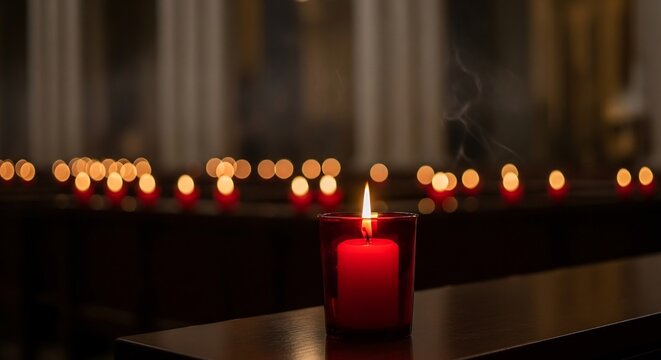 Evocative photo of lit candles in a church, perfect for memorial service announcements, religious events, prayer vigils, remembrance, or somber occasion designs. Serene atmosphere.