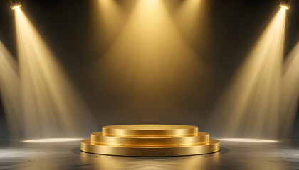 Gold Stage Podium Under Spotlight, Perfect for Product Presentation.A 3D rendered image showcasing a multi-tiered gold podium illuminated by spotlights.