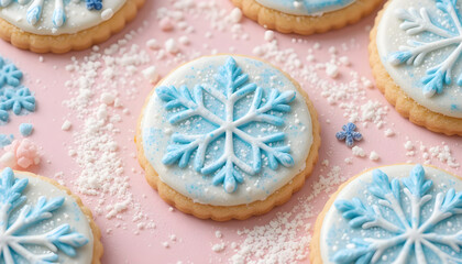 Festive Snowflake Cookies Decorated with Blue Glaze.Close-up of decorated Christmas cookies featuring intricate blue snowflake designs piped with icing.
