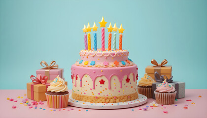 Festive Birthday Cake with Gifts and Cupcakes.A vibrant and cheerful image of a multi-tiered birthday cake adorned with colorful candles, pink icing, and sprinkles.