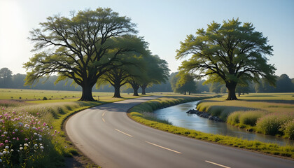 Serene Country Road Winding Through Lush Fields and Trees.A picturesque country road curves gently through a verdant landscape.