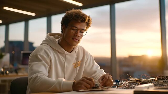 a tech innovation hub with prototypes on tables cluttered desk with wires soft natural light from large windows a young technician in a hoodie building a tool natural poses