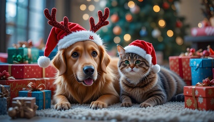 Adorable Dogs and Cats in Christmas Hats with Gifts.A heartwarming image of a golden retriever and a tabby cat wearing festive Santa hats and reindeer antlers, nestled amongst colorful Christmas prese