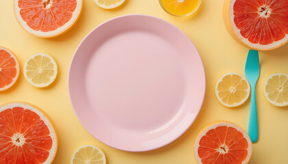 Fresh Citrus Fruits Arranged Around a Pink Plate on a Yellow Background.Vibrant citrus slices (grapefruit and lemon) arranged artfully around a blank, pastel pink plate on a cheerful yellow background