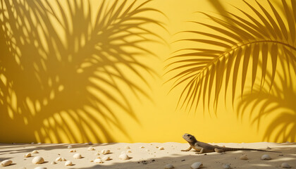 Lizard on Sandy Beach Under Palm Shadows, Vibrant Yellow Background.A lizard basks in the sun on a sandy beach, with the warm shadows of palm fronds casting patterns on a vibrant yellow background.