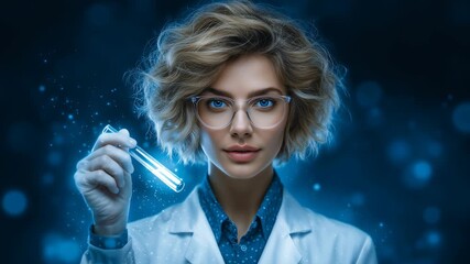 Woman scientist looks at camera while holding glowing test tube in dark laboratory. Blue light creates a futuristic atmosphere. Concept of science, research, laboratory