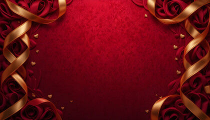 Romantic Red Rose and Gold Ribbon Background.A stunning background featuring a deep red textured surface adorned with delicate gold ribbons and small gold hearts.