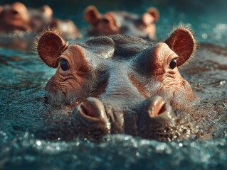 Fototapeta premium Hippopotamuses swimming in calm water, showcasing their large heads and ears during the afternoon