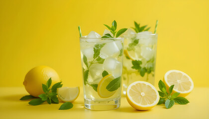 Refreshing Lemon-Mint Iced Tea in Glass Glasses on a Yellow Background.Two glasses of vibrant lemon-mint iced tea, filled with ice cubes, garnished with fresh mint leaves and lemon slices, sit against