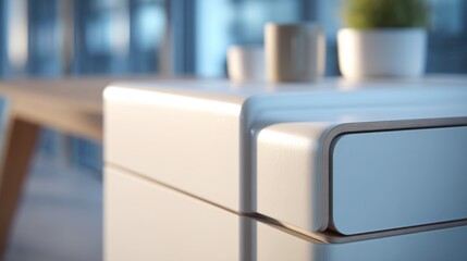 Closeup of a stackable modular furniture system highlighting clean lines and smooth surfaces with a blurred background emphasizing its sleek design.