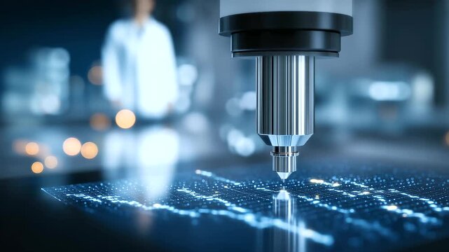 Atomic force microscopes probe atoms in a nanotechnology lab with tips scanning forces graphing images rendering on computers and samples on stages shown in a nanoscale photo