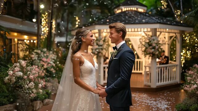 Confetti of blue energy showers a wedding ceremony in a garden venue with arches guests floral decorations a string quartet playing and the couple exchanging vows under a