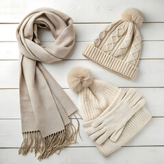 flatlay of winter accessories neutral colored sca