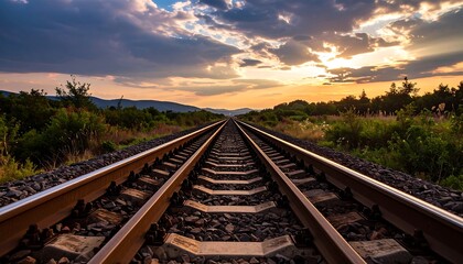 Obraz premium Railroad tracks extend into a sunset