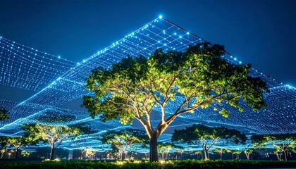 Trees Illuminated with Blue String Lights at Night