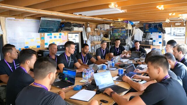 Crew members strategize in a pit tent before a race with laptops open to telemetry data clipboards with tire strategies energy drinks scattered and a track map pinned to a wall