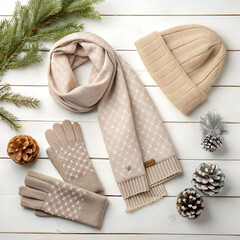 flatlay of winter accessories neutral colored sca