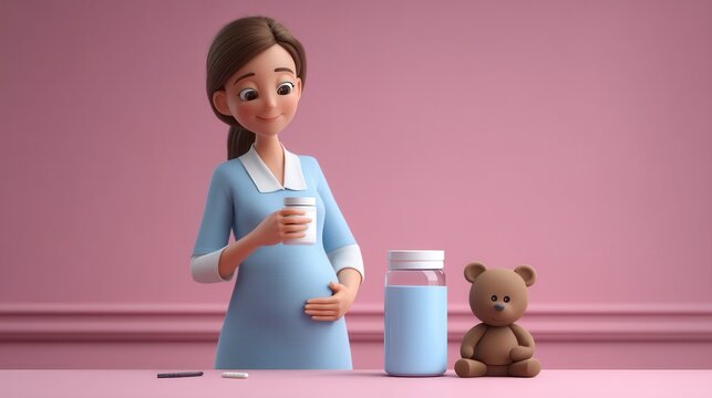 Happy 3D animated pregnant woman in light blue dress holding cup beside teddy bear and baby bottle on pink background with free copy space for text
