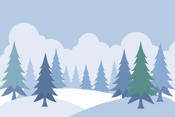 A festive winter landscape with snow-covered trees in a cold pine forest scene