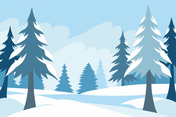 Vector illustration of a winter forest landscape with snow-covered trees and a peaceful holiday scene