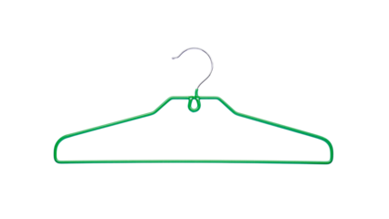 Simple green garment hanger with a metallic hook, an essential tool for closet organization and clothing storage, isolated on a transparent background