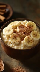 Delicious bowl of warm oatmeal topped with banana slices and cinnamon on a rustic wooden table