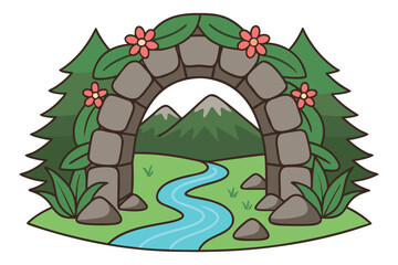 Fantasy Forest Portal with River Vector Illustration