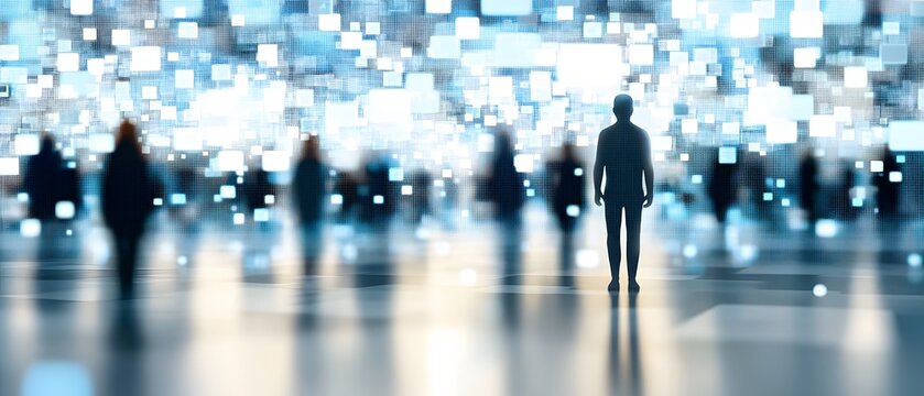 Digital World Abstract Background Futuristic Person Crowd Data Screens