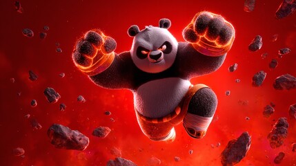 Powerful panda poised heroically, readying fists amid floating debris and fiery red background