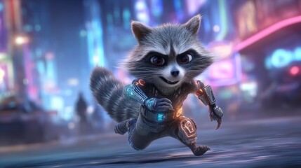 Futuristic Raccoon Hero Runs Through Neon Cityscape at Night, Ready for Action