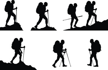 Obraz premium Black silhouette vector illustration of hikers climbing mountains, trekking with backpacks and poles, outdoor adventure travel, camping, mountaineering and wilderness exploration design