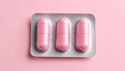 Pink capsules in blister pack on pink background