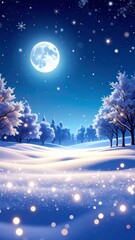 Obraz premium Full Moon Over Winter Wonderland With Snow Covered Trees and Sparkling Light Spheres at Night