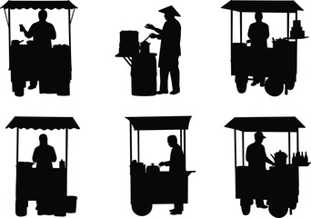 Black silhouette vector illustration of street food vendor cart, mobile market stall with seller cooking, preparing snacks, outdoor kitchen street food stand © Hasem Creative