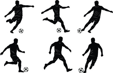 Silhouettes of Soccer Players Kicking Footballs in Action Poses with Ball on White Background Vector Illustration Set