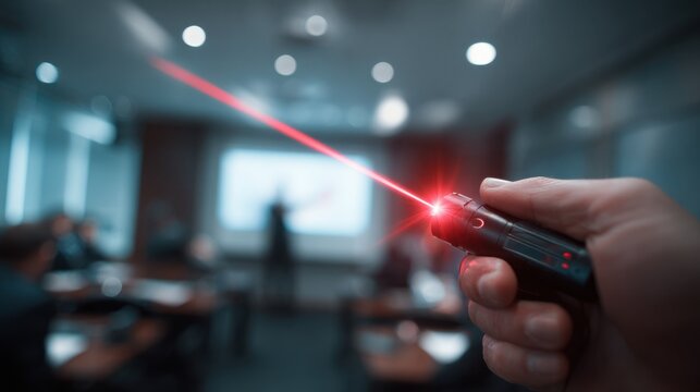 Focused shot on a vibrant red laser pointer being aimed precisely at a presentation screen with the presenter and room softly blurred.