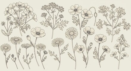 Botanical illustration flowers collection line art