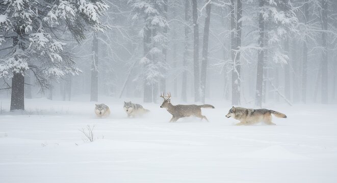 Deer and wolves running in snowy forest