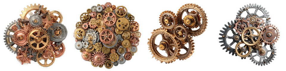 Vintage metal gears collection intricate steampunk design on transparent background