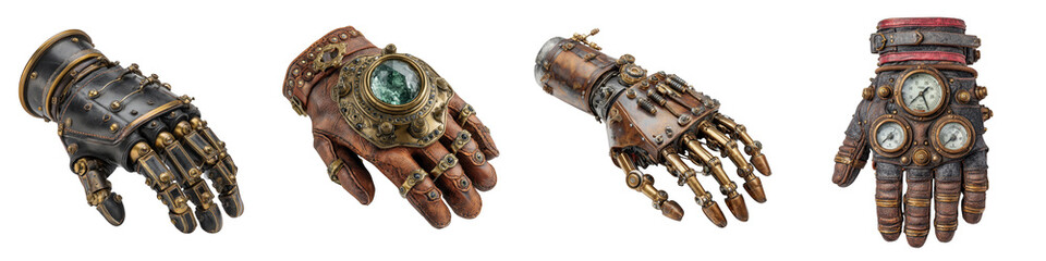 Steampunk style decorative gloves with gears and clocks on transparent background