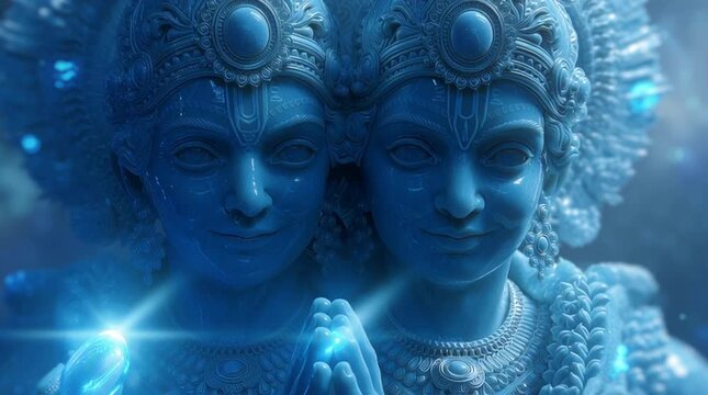 Blue Vishnu twin statue radiating mystical light