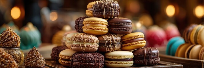 Colorful macarons arranged in an artistic display at a dessert shop during a festive evening