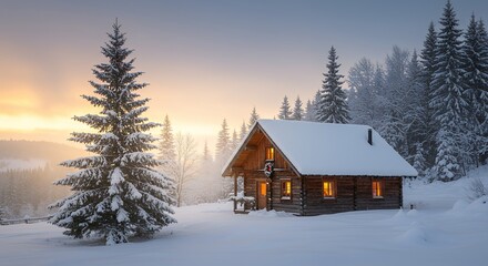 Snowy cabin at sunrise in the forest